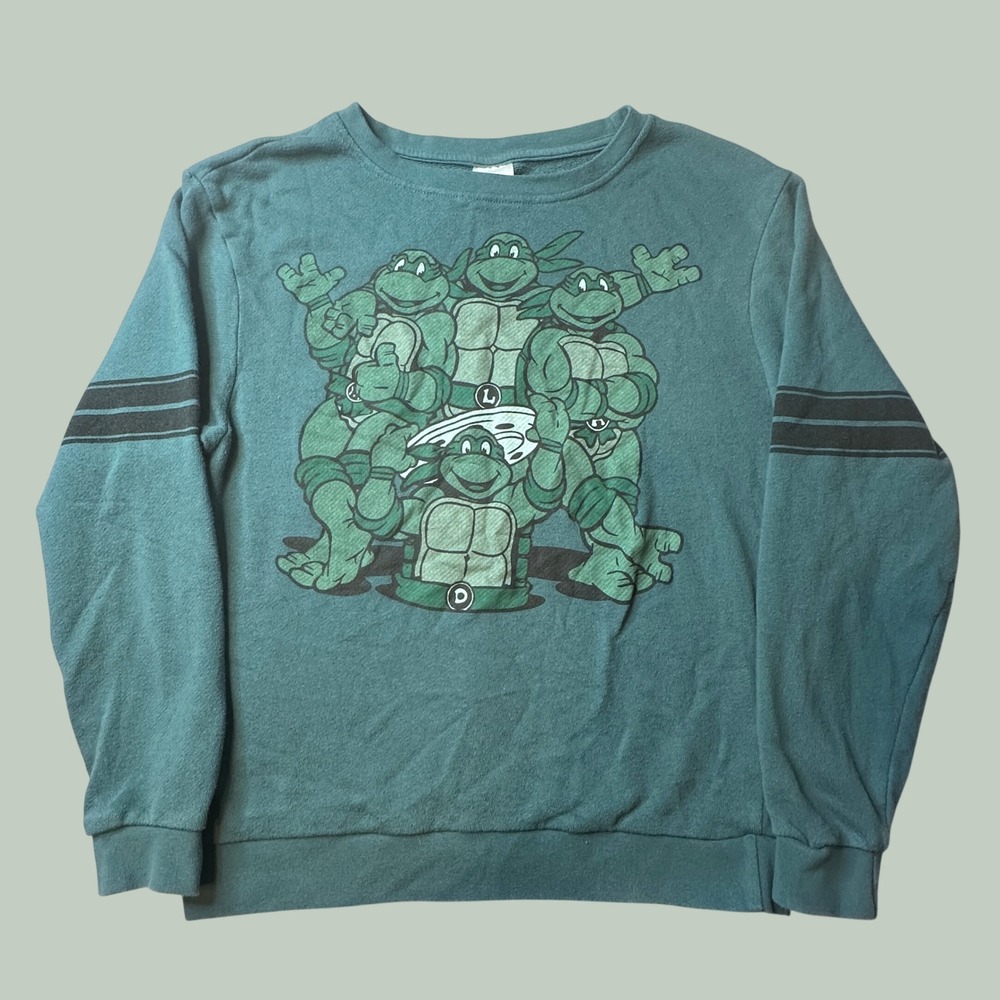 Nickelodeon Sweatshirt Boys M TMNT Ninja Turtles Teal Green Graphic Sleeve Strip
